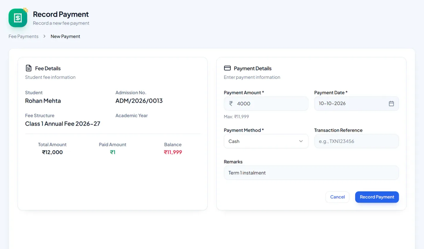ManabiApp fee payment screen